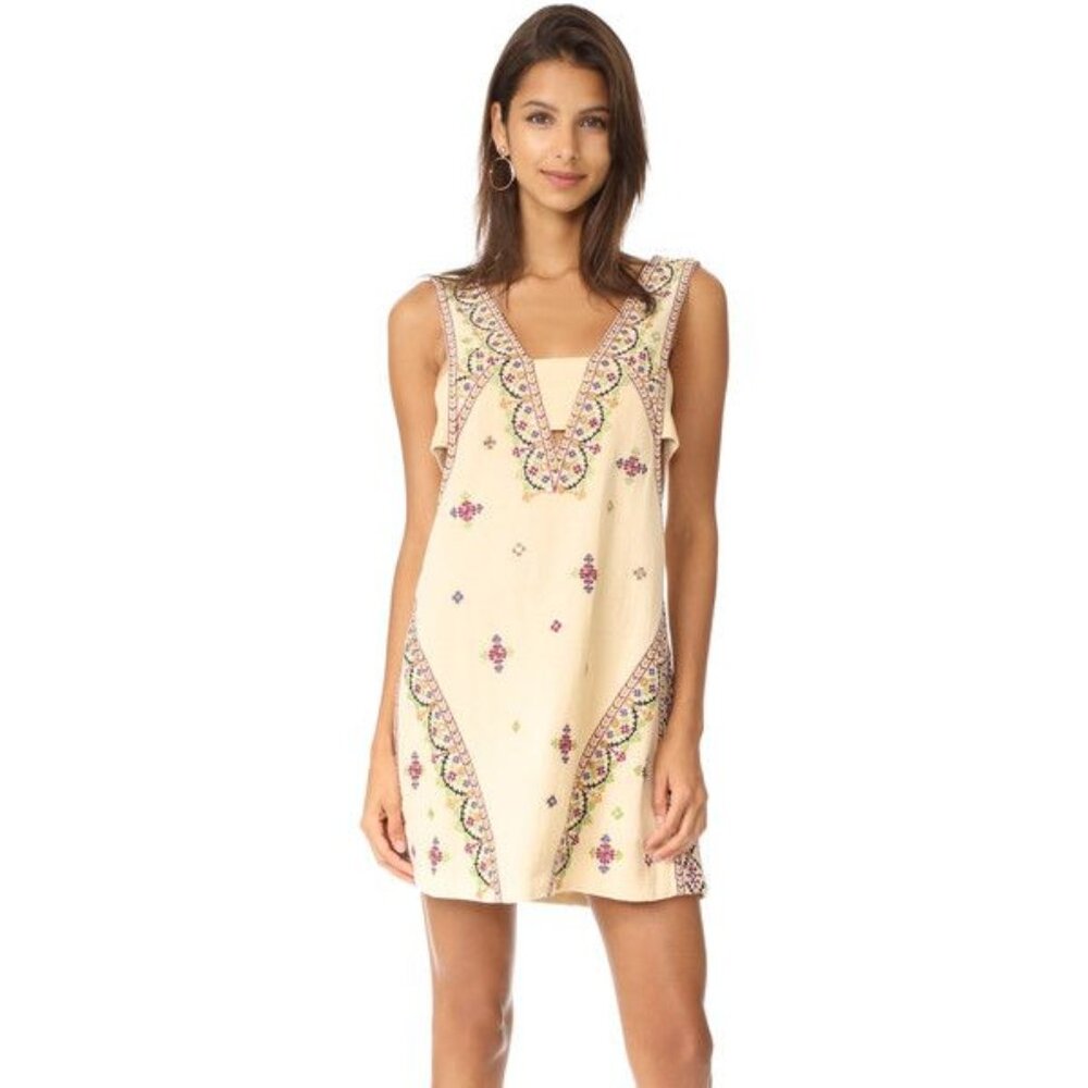 Free People Never Been Beige Embroidered Mini Dress Sz Small